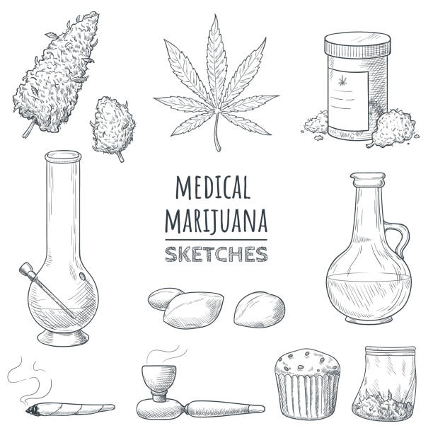 医療用マリファナは手描かれたスケッチです。マリファナの芽、大麻葉、雑草ジョイント、鳳、油、禁煙パイプ、焼く、包装袋、大麻の種子。落書きスタイルであなたのデザインの要素。ベ� - marijuana点のイラスト素材／クリップアート素材／マンガ素材／アイコン素材