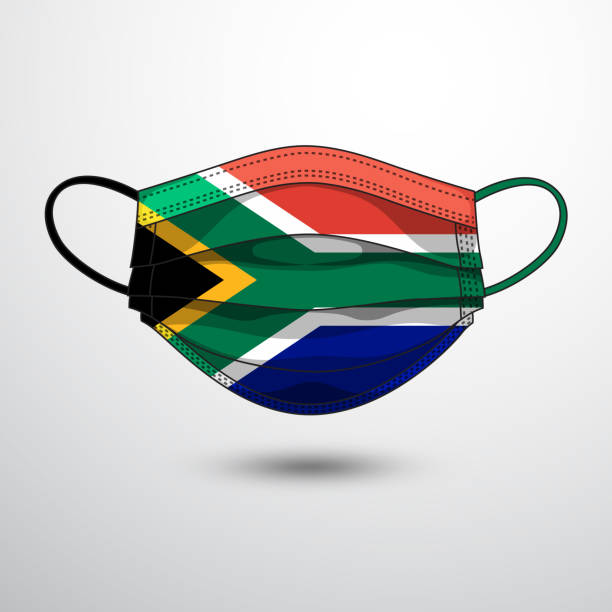 Medical Mask Medical Mask with National Flag of South Africa as Icon on White. Protective Mask Virus and Flu. Fight  Coronavirus (2019-nCoV) in Form of flag design south africa covid stock illustrations
