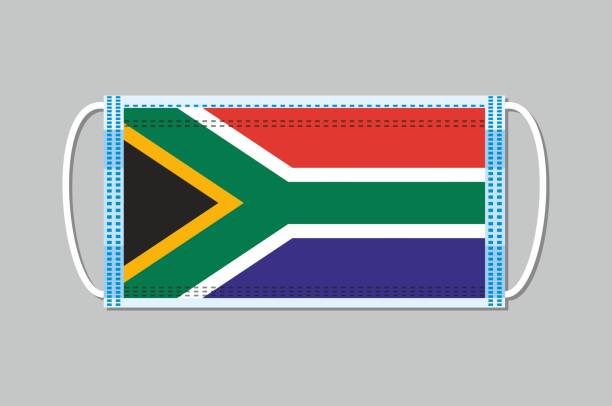 醫用口罩上有南非共和國國旗。灰色背景的平面設計 - south africa covid 幅插畫檔、美工圖案、卡通及圖標