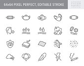Medical masks line icons. Vector illustration included icon as n95 respirator mask, external influence protection, breathable outline pictogram, material properties 64x64 Pixel Perfect Editable Stroke