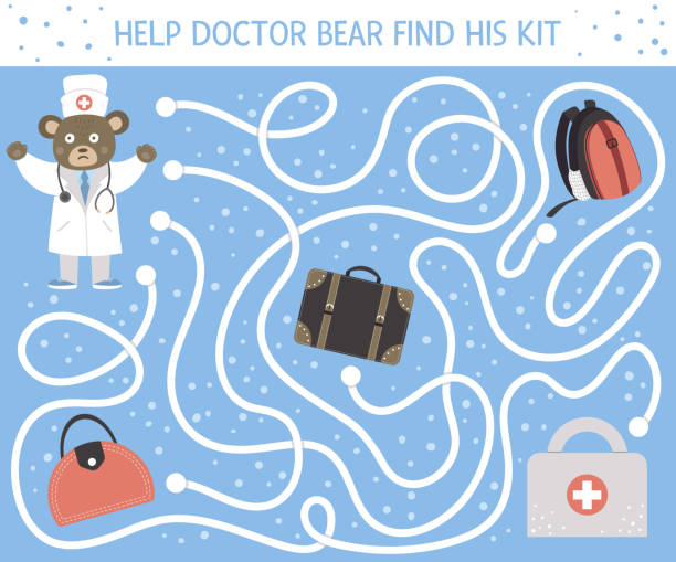ilustrações de stock, clip art, desenhos animados e ícones de medical maze for children. preschool medicine activity. funny puzzle game with cute doctor bear and lost first aid kit. help the doctor find his bag. - lost first