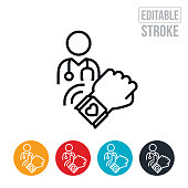 An icon of a patients smart watch sending medical information about the patient to their doctor. The icon includes editable strokes or outlines using the EPS vector file.