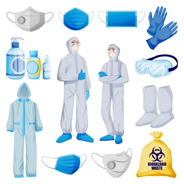 Medical personal protective equipment from viral infection and pollution. Vector illustration of protection clothes Medical personal protective equipment from viral infection, pollution. Vector illustration of protection clothes, isolated on white background. Face mask, respirator, gloves, uniform, sanitizer icons protective workwear stock illustrations