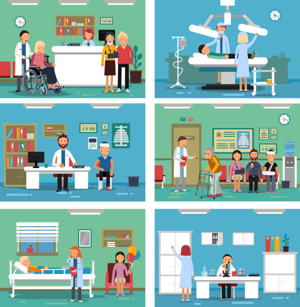 Medical personnel at work. Nurse doctor and patients in hospital interiors. Vector illustration Medical personnel at work. Nurse doctor and patients in hospital interiors. Vector illustration. Interior of medical hospital, clinic room with patient and doctor doctor backgrounds stock illustrations