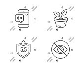 istock Medical phone, Leaves and Ph neutral icons set. Not looking sign. Mobile medicine, Grow plant, Water. Eye care. Vector 1181402204