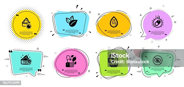 istock Medical phone, Ph neutral and Organic product icons set. Cream, Sun cream and Not looking signs. Vector 1167913099