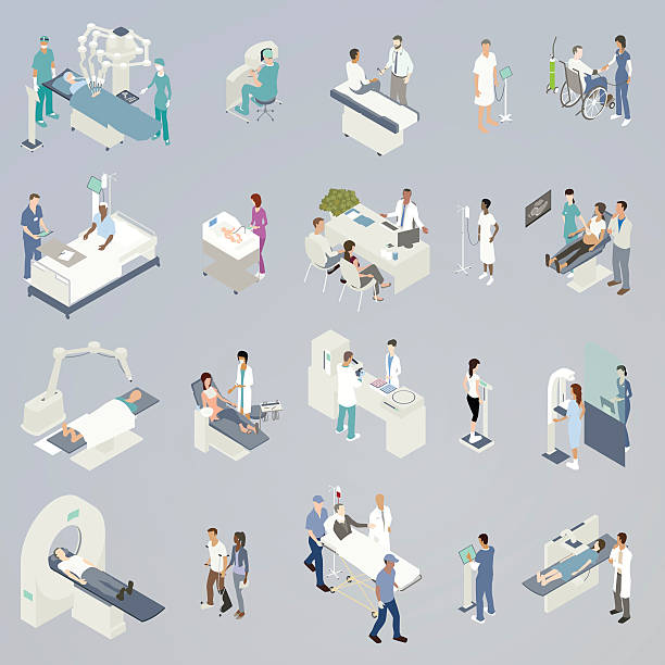 Medical Procedures Illustration 20 spot illustrations of medical procedures and related icons, presented in isometric view and in a flat, consistent color palette. Includes: robot-assisted surgery, medical consultations, checking blood pressure, attending to a newborn, sonogram, non-invasive radiation treatment, dental visit, blood or pharmaceutical lab analysis, weight scale during checkup, mammogram, MRI/CT scan/Pet scan, physical therapy, an injured man with neck brace in gurney with paramedics, and a woman receiving an x-ray. patient in hospital bed stock illustrations