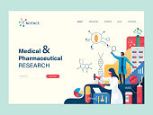Flat trendy website template with copy space text and vector illustration with hand drawn textures depicting medical and pharmaceutical research concept.