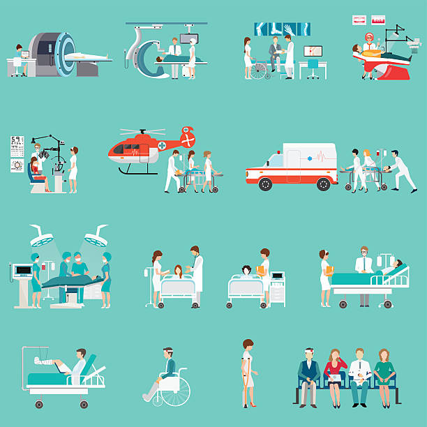 ilustraciones, imágenes clip art, dibujos animados e iconos de stock de personal médico y pacientes de diferentes carácter en el hospital. - patient in hospital bed