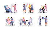 Doctors and Patients Characters set. Man donating Blood, Nurse caring for Elderly Person, Doctor Consulting Woman and other Scenes in Hospital. Health Care Concepts. Flat Cartoon Vector Illustration.