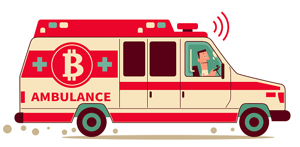 Medical staff is driving an ambulance with Bitcoin cryptocurrency sign