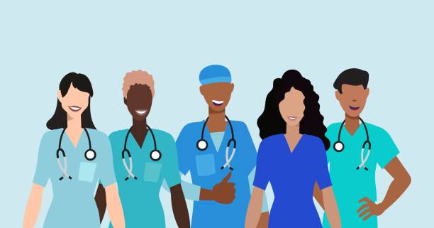 медицинский персонал улыбающихся мужчин и женщин. иллюстрация в плоском стиле. - nurse stock illustrations