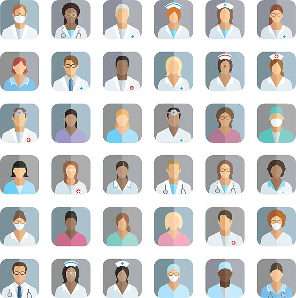 stockillustraties, clipart, cartoons en iconen met medical staff - people icons - arts vrouw mondkapje