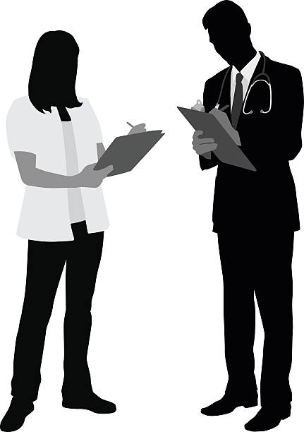 Medical Staff Taking Notes A vector silhouette illustration of a male and female doctor writing on a clipboard.  The young women wears a white labcoat while the young man wears a suit jacket and a stethoscope. doctor silhouettes stock illustrations