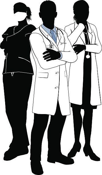 Medical team doctor silhouettes A medical team of doctors or surgeons with white coats and scrubs, surgical masks and stethoscopes in silhouette doctor silhouettes stock illustrations