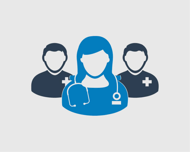 의료 팀 아이콘입니다. 회색 배경에 남성과 여성의 의사 기호입니다. - 간호사 stock illustrations