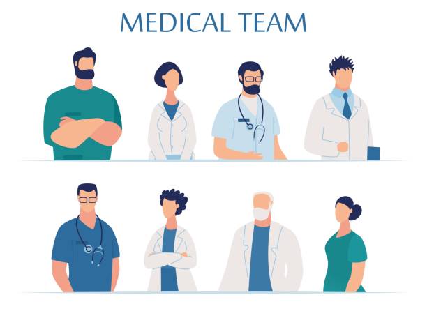 Medical Team Presentation for Clinic and Hospital Medical Team Presentation for Clinic and Hospital. Professional Staff. Doctors, Practitioners, Nurses and Laboratory Assistants. Cartoon People Characters in Uniform. Vector Flat Illustration doctor designs stock illustrations