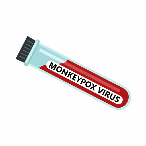 A medical test tube with the monkey pox virus and an inscription on a white background. A medical test tube with the monkey pox virus and an inscription on a white background. Vector illustration monkeypox vaccine stock illustrations