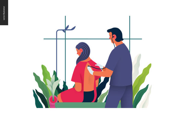ilustrações de stock, clip art, desenhos animados e ícones de medical tests template - auscultation - médico a examinar paciente