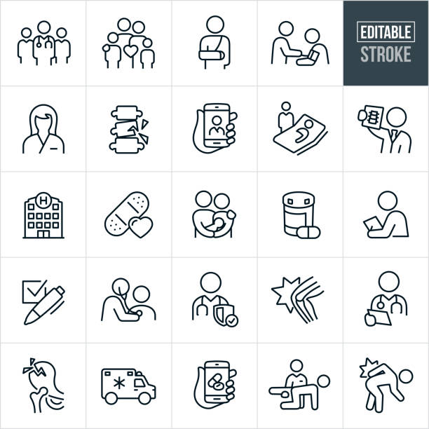 A set of medical icons that include editable strokes or outlines using the EPS vector file. The icons include a team of doctors, a family of four, person with a broken arm, doctor checking blood pressure of patient, nurse, broken spine, telemedicine on a smartphone, doctor at bedside of patient, doctor holding x-ray, hospital, bandage with heart, family with new born, pill bottle with pill, doctor giving check-up, checkmark, doctor checking patients heart with stethoscope, hurt knee, doctor checking patients chart, broken hip, ambulance, physical therapy, person with hurt back and others.