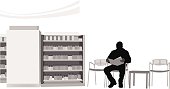 A vector silhouette illustration of a man reading a magazine in a pharmacy waiting area. He sits along a row of chairs. There is a wall  of medication of shelves on the left below the Red Cross.