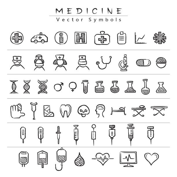 Medical vector symbols - icons. A set of black hand drawings on medicine services on a white background. 51 monochrome illustrations. doctor drawings stock illustrations