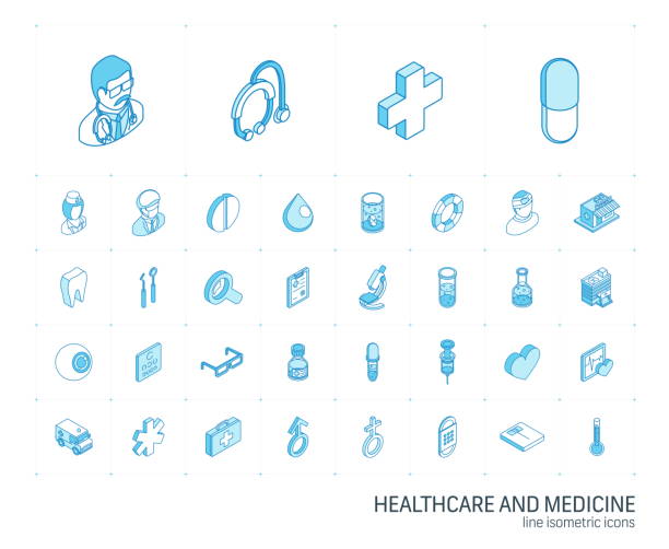 Medicine and healthcare isometric line icons. 3d vector Isometric line icon set. 3d vector colorful illustration with medical, medicine, healthcare symbols. Dentist, health, ambulance, care, doctor, pills, cross colorful pictogram Isolated on white 3d icons stock illustrations