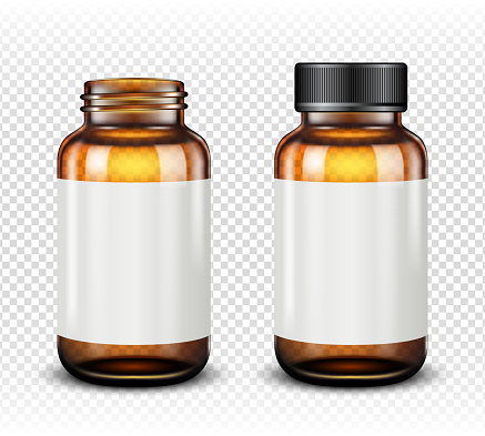 Medicine bottle of brown glass isolated on transparent background