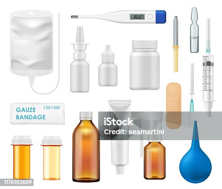 istock Medicine bottles, spray, glass vials, thermometer 1176102659