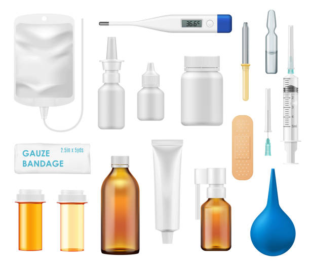 Medicine bottles, spray, glass vials, thermometer Medicine or pharmacy bottles and medical items 3d vector icons. Drug, pill or vitamin containers, prescription antibiotics and capsules, glass and plastic vials, vaccine ampule, thermometer, syringe ampoule stock illustrations