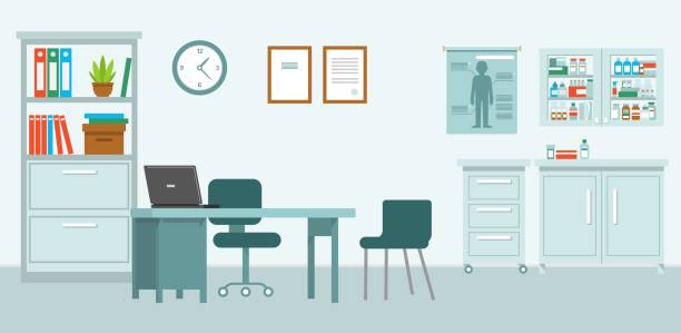 Medicine concept with empty medical office in flat style Modern hospital room interior with furniture and equipment for consultation and diagnosis. Vector illustration office backgrounds stock illustrations