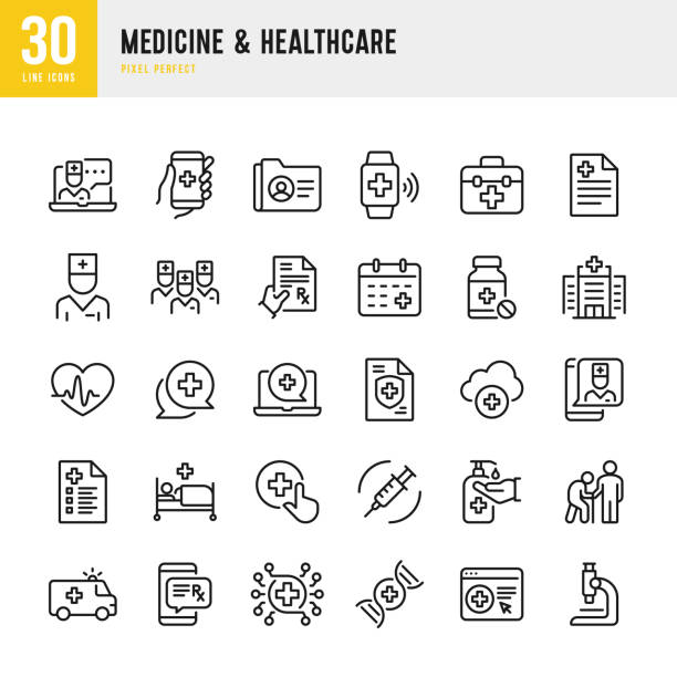 의학 및 의료 - 얇은 라인 벡터 아이콘 세트. 픽셀 완벽. 이 세트에는 텔레메디컬, 의사, 노인 보조, 알약 병, 응급 처치, 건강 검진, 의료 보험 의 아이콘이 포함되어 있습니다. - healthcare stock illustrations