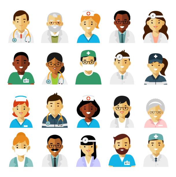 Medicine set with doctors and nurses avatars in flat style isolated on white background Practitioner young doctors man and woman icons. Medical staff. hospital cartoon stock illustrations