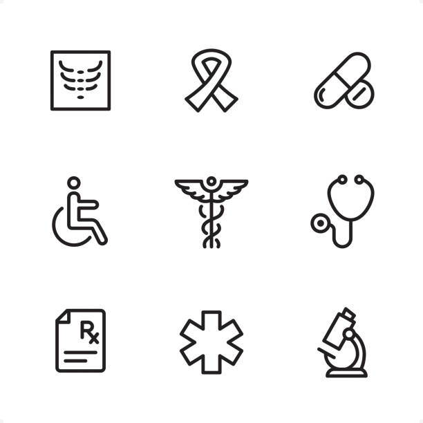 Medicine - Single Line icons Medicine icons set #25
Specification: 9 icons, 48x48 pх, stroke weight 2 px
Features: Pixel Perfect, Single line, Black stroke color.

First row of icons contains:
X-Ray image, Awareness ribbon, Capsules and Pills;

Second row contains:
Disabled Sign, Caduceus, Stethoscope;

Third row contains:
Rx icon, Medical Symbol, Microscope.

Complete Ninico Black collection - https://www.istockphoto.com/collaboration/boards/_8J4wyhRq0-n06eRHvpGzA caduceus stock illustrations