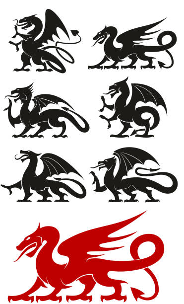 Medieval black heraldic dragons animals Medieval heraldic dragons black and red icons of powerful mythical beast with open wings and curved tails. Use as heraldic symbol, tattoo or mascot design chess silhouettes stock illustrations