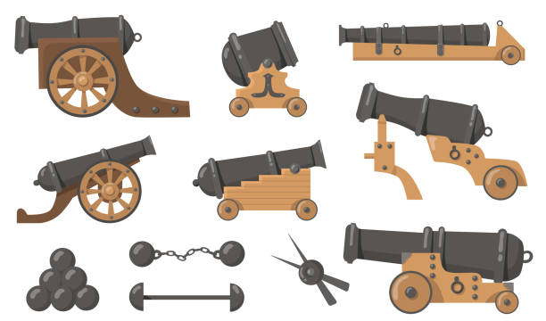 Medieval cannons with cannonballs flat illustration set Medieval cannons with cannonballs flat illustration set. Cartoon metal and wooden weapon for old ships and firing battle isolated vector illustration collection. History, destruction and war concept cannon artillery stock illustrations