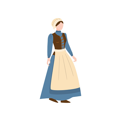 Medieval housewife woman in long blue dress with white apron