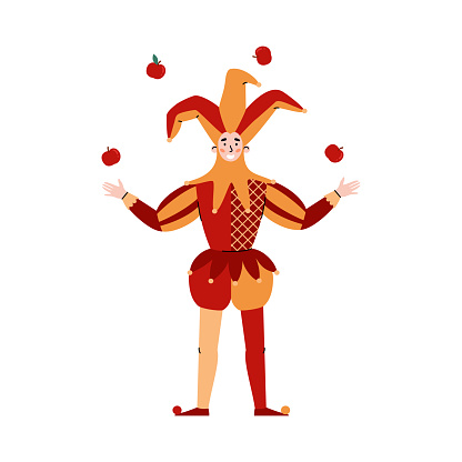 Medieval Jester in costume juggles apples, flat vector illustration isolated.