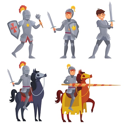 Medieval khight holding sword, royal knight with lance on horseback