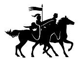 fairy tale medieval king riding horse with banner man at his side - black and white horsemen vector silhouette design