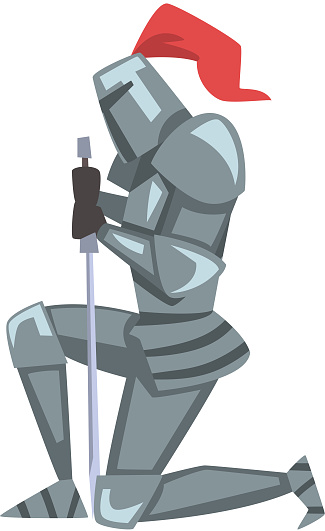 Medieval Kneeling Knight, Chivalry Warrior Character in Full Metal Body Armor with Sword Cartoon Style Vector Illustration