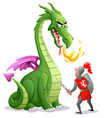 Vector illustration of a fight between a medieval knight with a sword and a shield and a big green dragon breathing fire, isolated on white. Concept for fantasy, heroism, mythology, honor, courage, bravery, fairy tales and the middle ages.