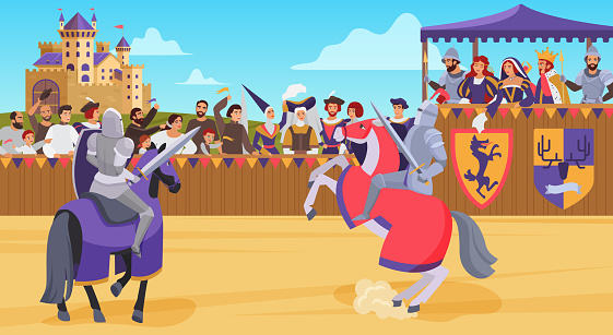 Medieval knight joust battle vector illustration, cartoon flat horseman hero knight characters jousting with swords and shields background