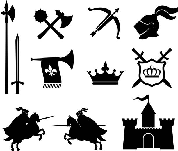 bildbanksillustrationer, clip art samt tecknat material och ikoner med medieval knight royalty free vector icon set - hinder häst
