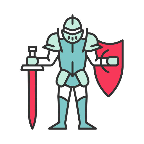 Medieval knight with shield and sword color icon Medieval knight with shield and sword color icon. Warrior with full suit of armor. Chivalry. Ancient plate armour. Lord. Isolated vector illustration armour of god stock illustrations