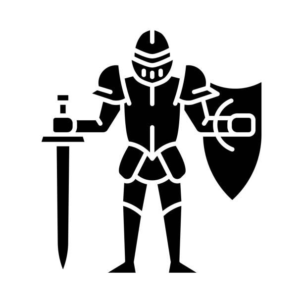 Medieval knight with shield and sword glyph icon Medieval knight with shield and sword glyph icon.  Warrior with full suit of armor. Chivalry. Ancient plate armour. Lord. Silhouette symbol. Negative space. Vector isolated illustration armour of god stock illustrations