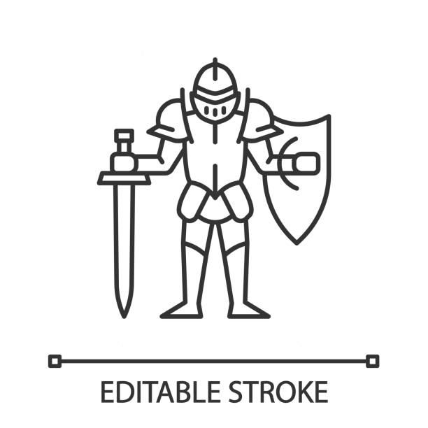 Medieval knight with shield and sword linear icon Medieval knight with shield and sword linear icon. Warrior in full suit of armor. Chivalry. Lord. Thin line illustration. Contour symbol. Vector isolated outline drawing. Editable stroke armour of god stock illustrations