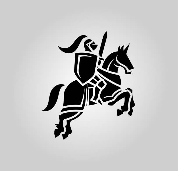 Medieval knight with sword and shield on a horse Knight guardian vector silhouette. Medieval Warrior in helmet with shield and sword on a horse warrior person stock illustrations