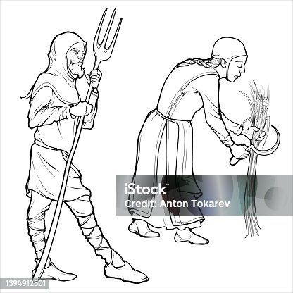 istock Medieval man and woman peasants working in the field. BW 1394912501