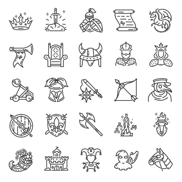 Medieval, Middle ages, icon set. History, linear icons. Knight. Line. Editable stroke Medieval, Middle ages, icon set. History, linear icons. Knight. Line with editable stroke armored clothing stock illustrations